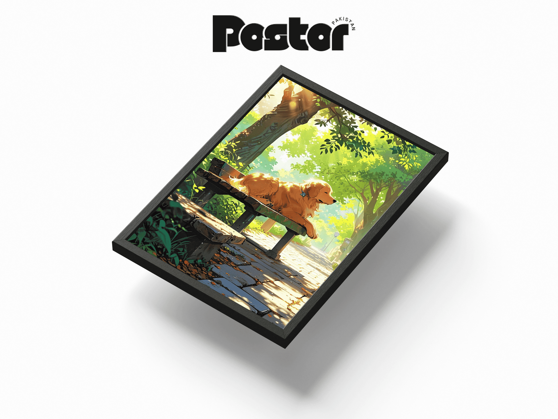 Golden Retriever on Park Bench Art Framed Poster - #P013