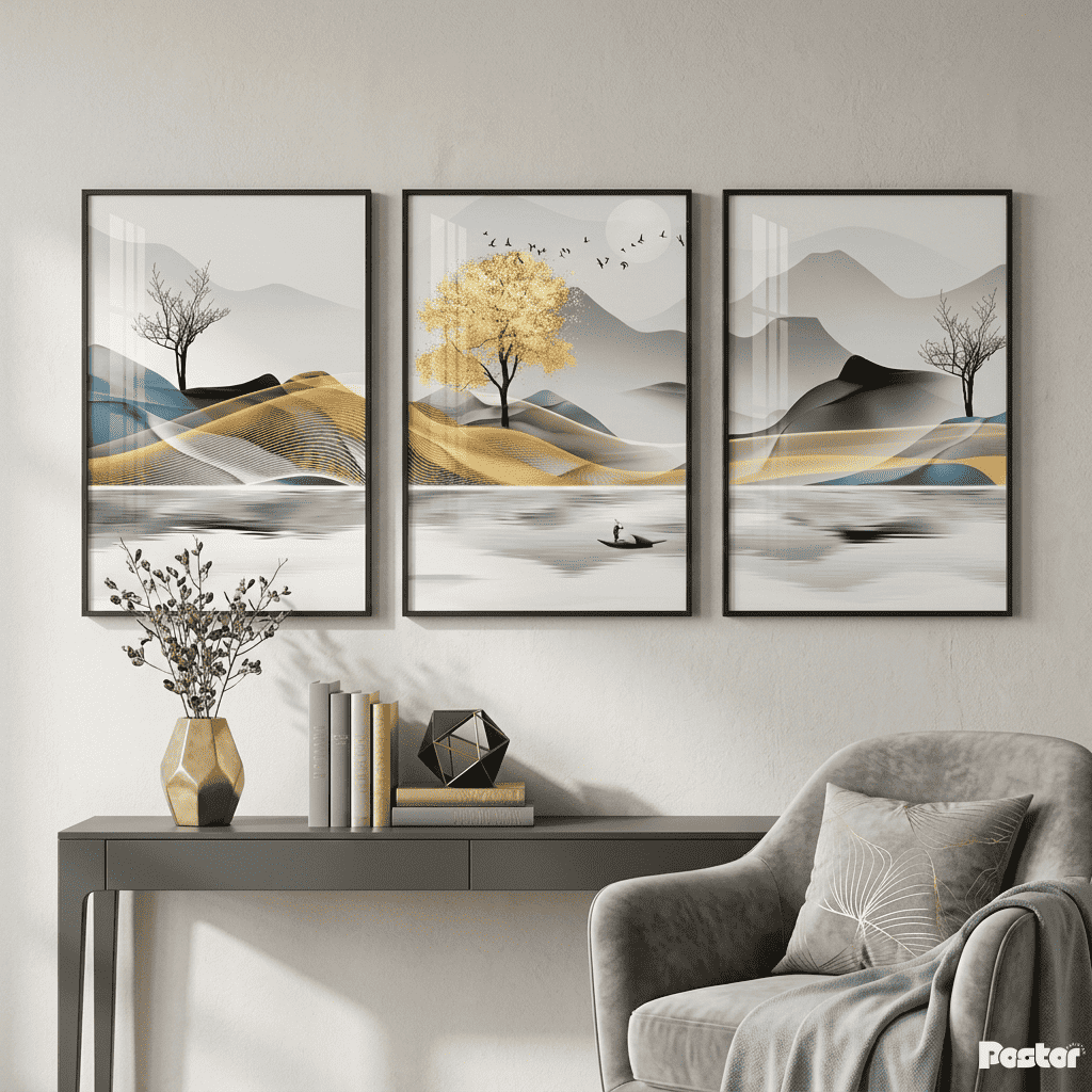 Golden Horizon: 3-Piece Majestic Mountain & Lake Abstract Art Set