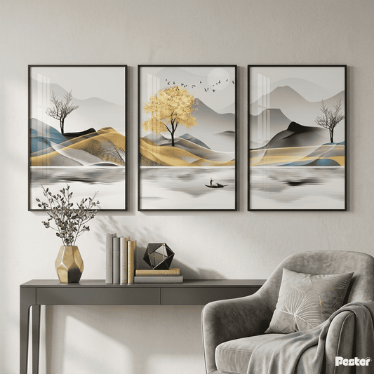 Golden Horizon: 3-Piece Majestic Mountain & Lake Abstract Art Set