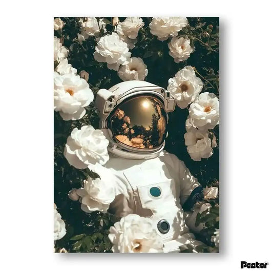 Astronaut Resting in White Rose Garden