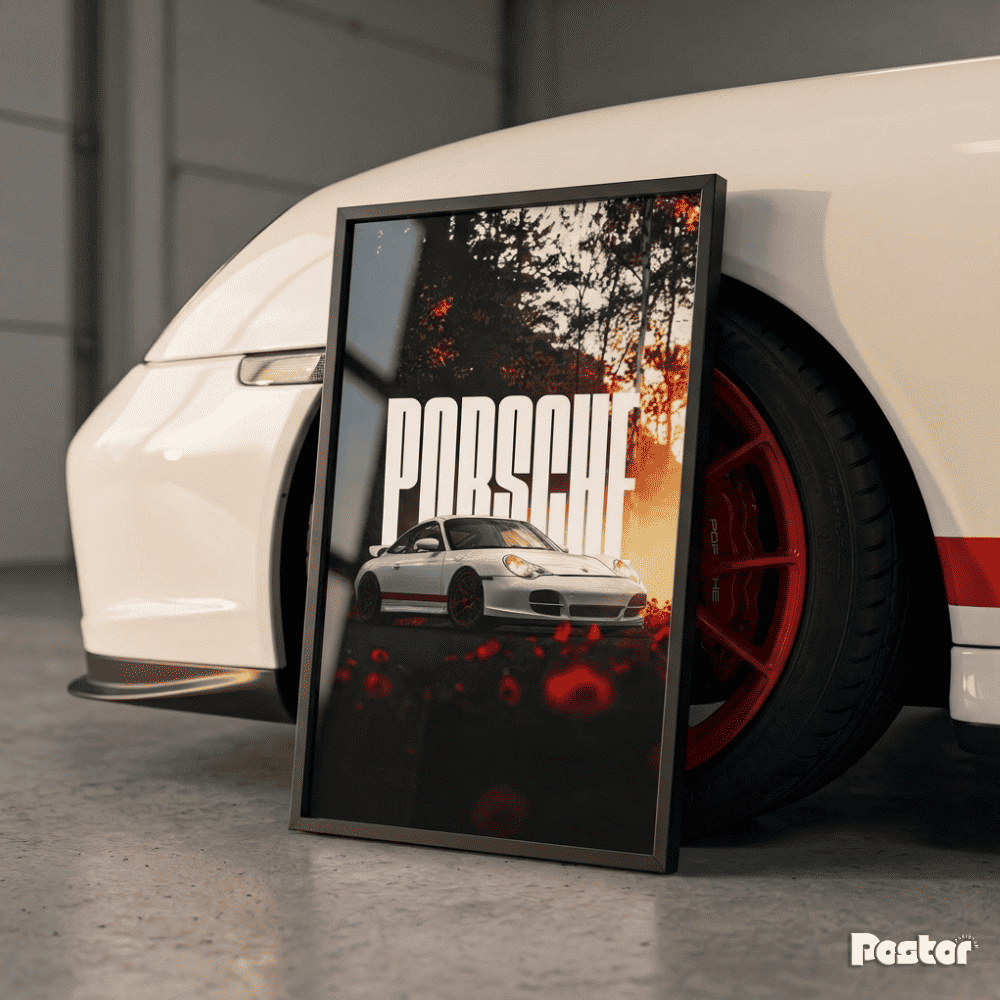 White Porsche 996 GT3 RS in Golden Forest Sunset - Postor.pk