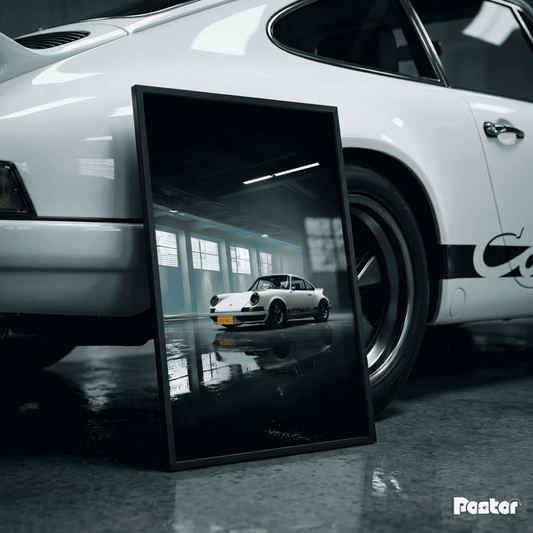 White Porsche 911 Carrera RS Classic in Dramatic Moody Garage - Postor.pk