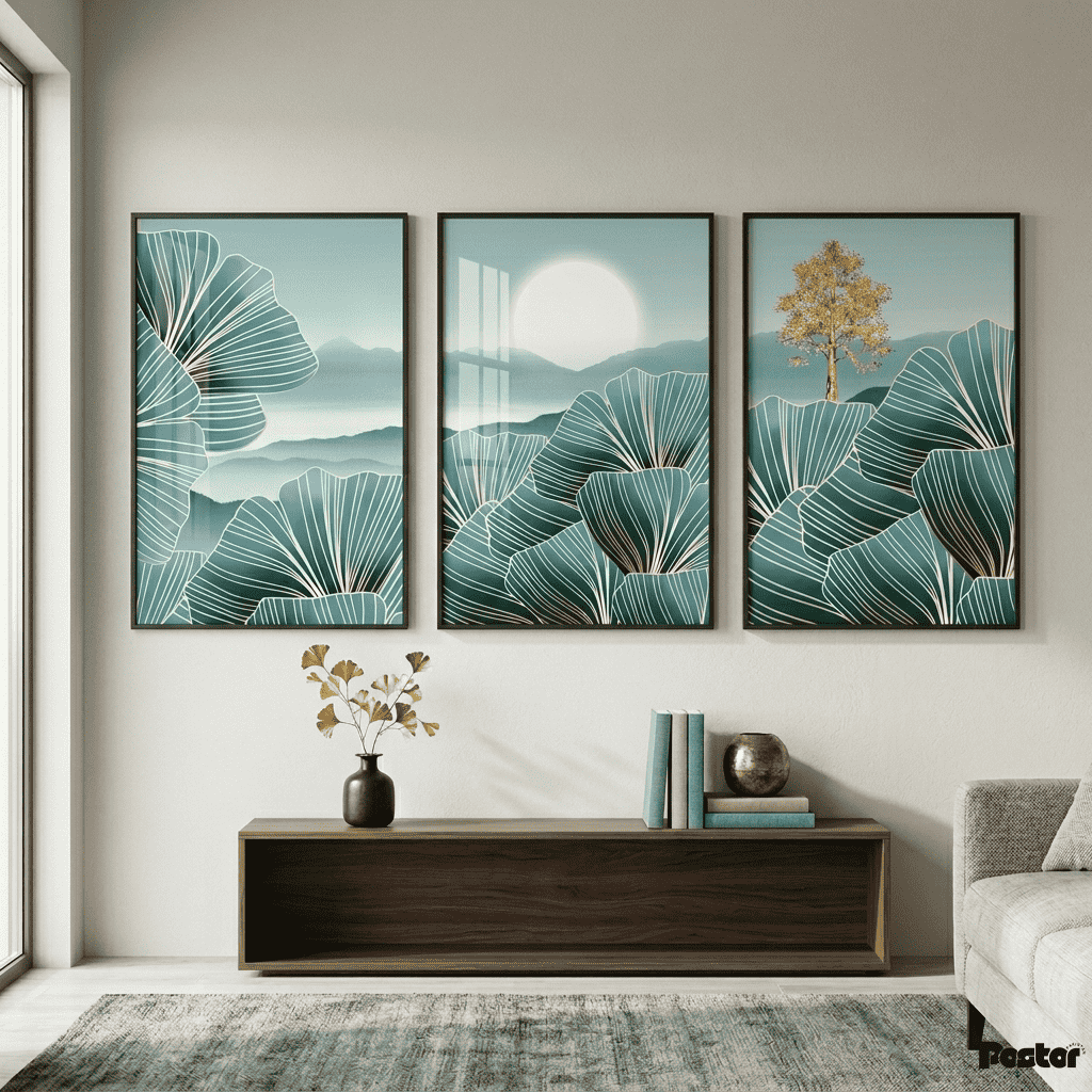 Emerald Elegance: 3-Piece Golden Ginkgo & Misty Mountain Art Set - Postor.pk