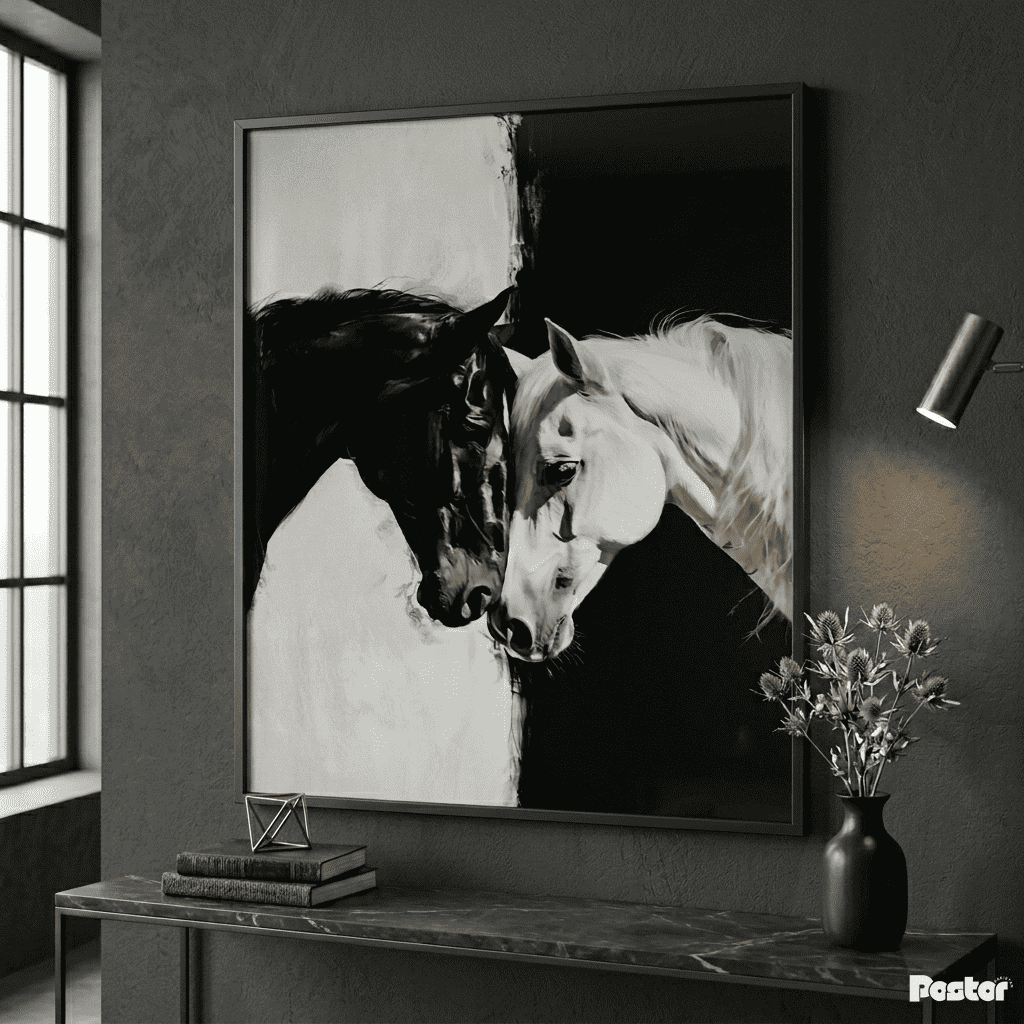 Monochrome Yin and Yang Horses Contemporary Framed Poster