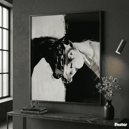 Monochrome Yin and Yang Horses Contemporary Framed Poster