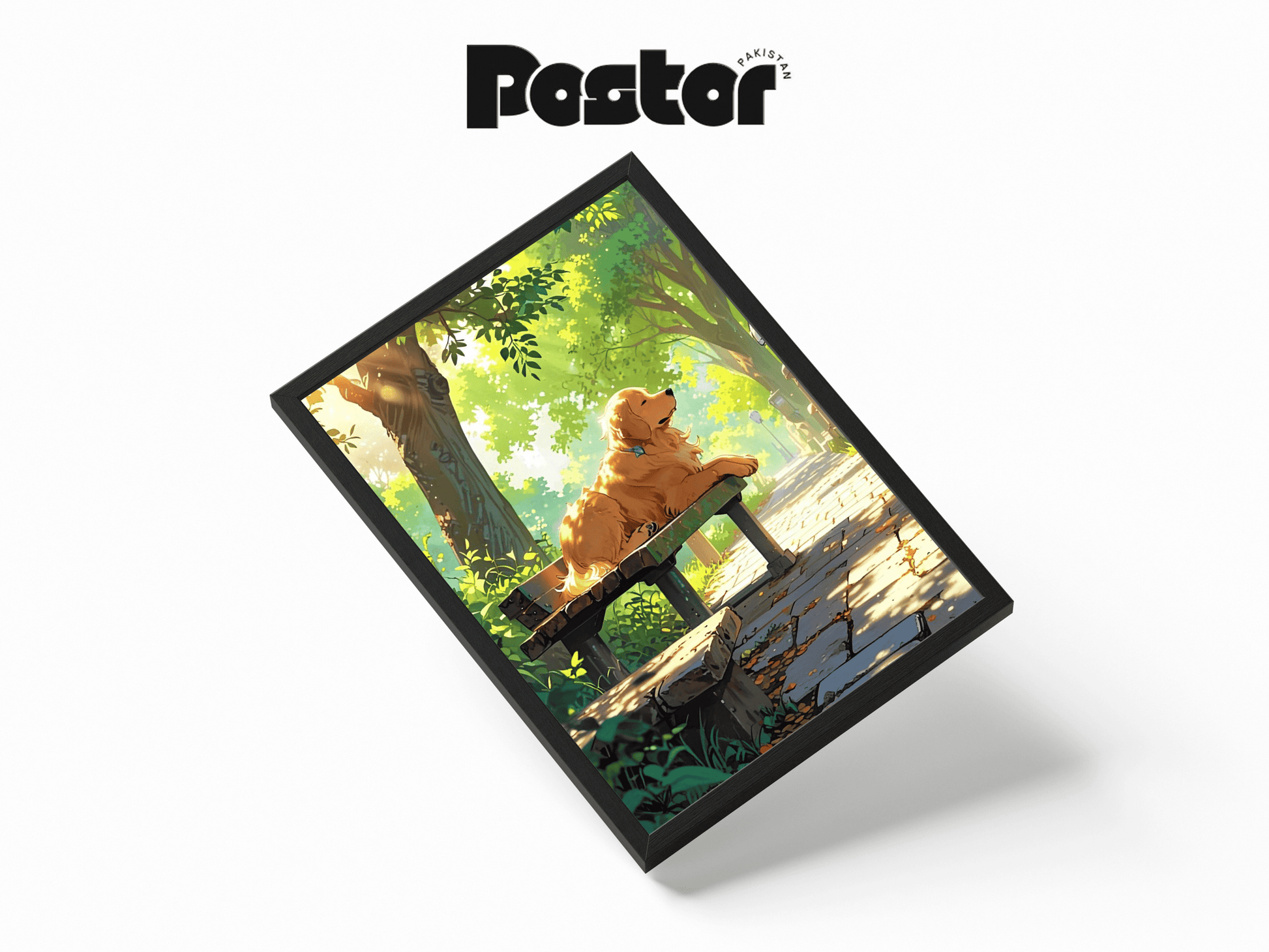 Golden Retriever on Park Bench Art Framed Poster - #P013