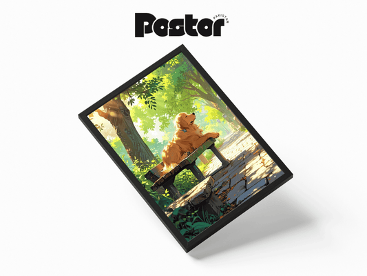 Golden Retriever on Park Bench Art Framed Poster - #P013