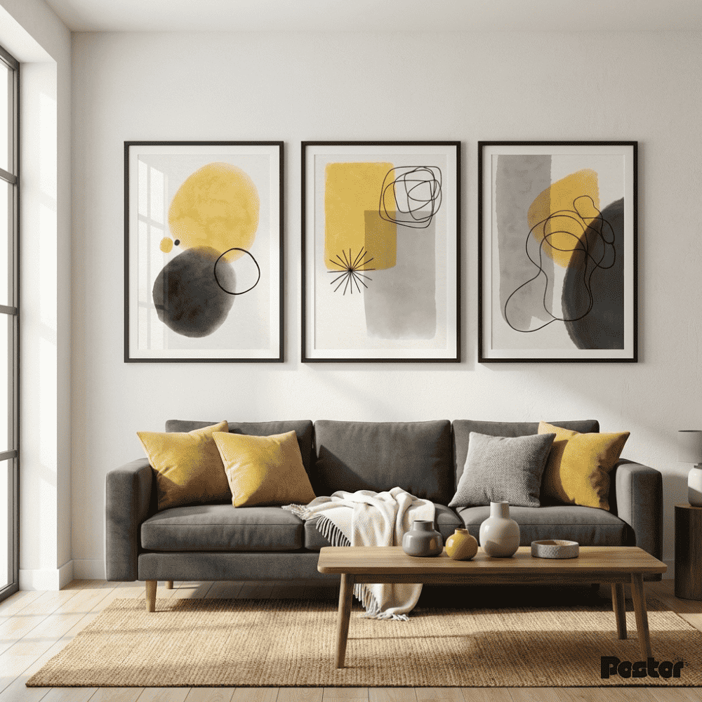 Yellow & Charcoal Mid-Century Modern Abstract Wall Art Set - Postor.pk