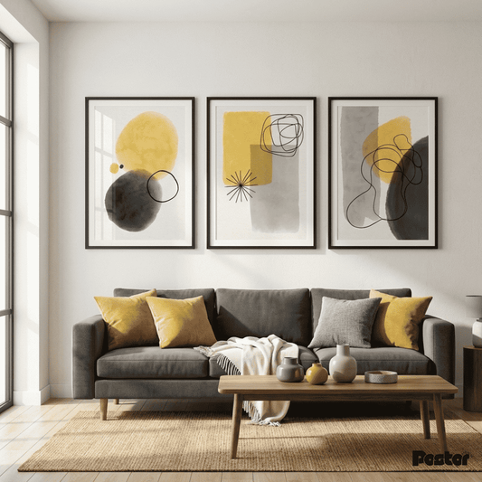 Yellow & Charcoal Mid-Century Modern Abstract Wall Art Set - Postor.pk