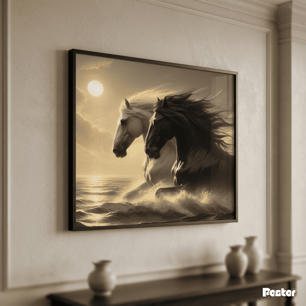 Horses Galloping Through Ocean Waves at Sunset - Postor.pk