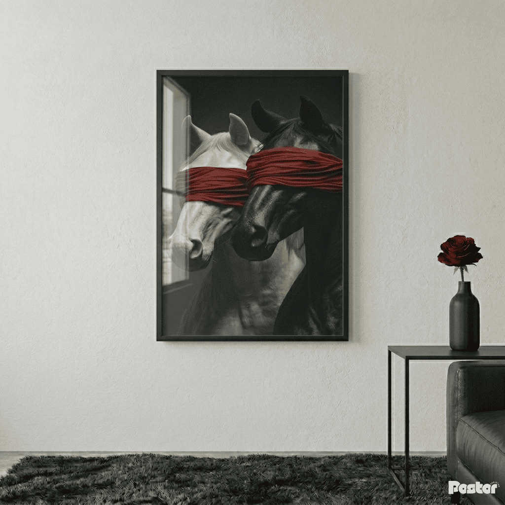Surreal Blindfolded Horses Red Silk Contrast Framed Poster