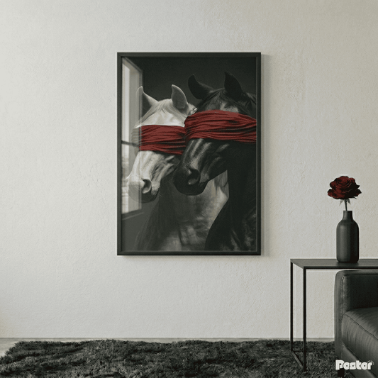 Surreal Blindfolded Horses Red Silk Contrast Framed Poster