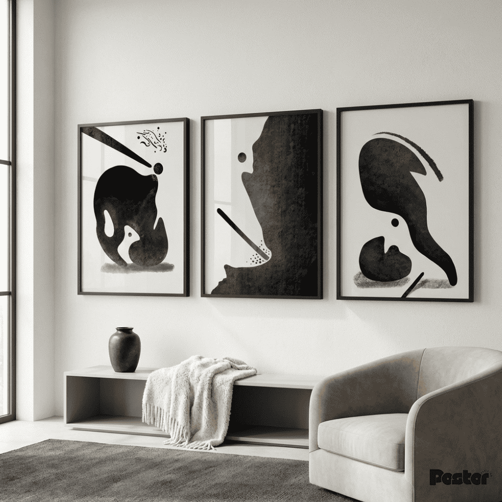 Bold Black Organic Abstract Expressionist Triptych Wall Art - Postor.pk
