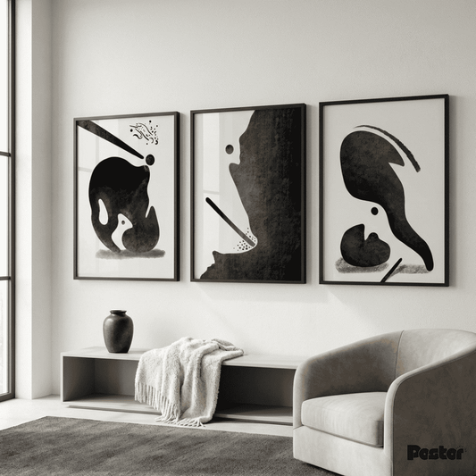 Bold Black Organic Abstract Expressionist Triptych Wall Art - Postor.pk