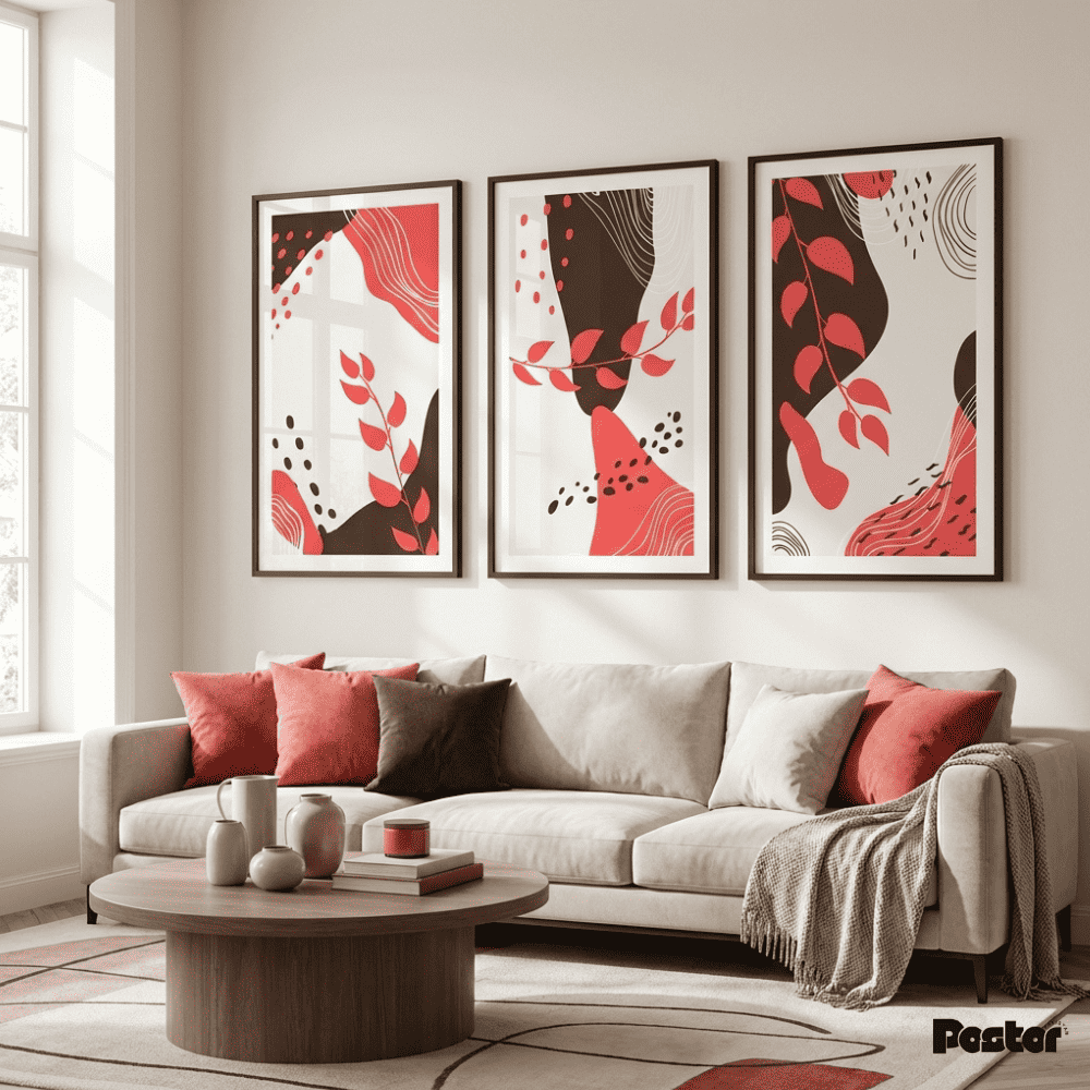 Modern living room with a beige sofa, wooden coffee table, and abstract art on the wall.