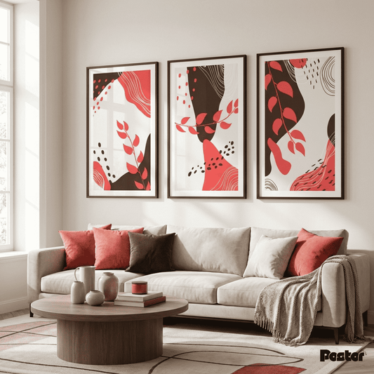 Modern living room with a beige sofa, wooden coffee table, and abstract art on the wall.