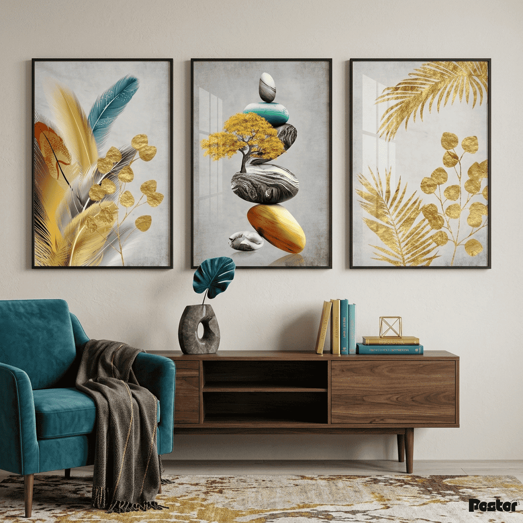 Zen Gold Leaf & Pebble Abstract Poster Set - Postor.pk