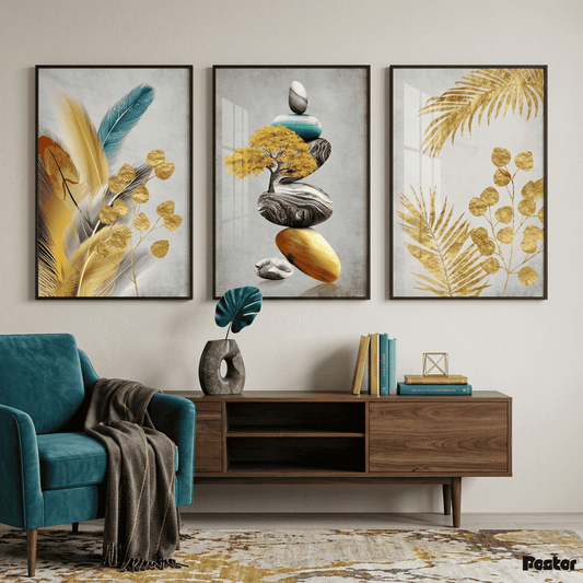 Zen Gold Leaf & Pebble Abstract Poster Set - Postor.pk