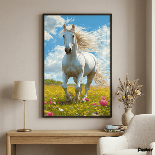 White Stallion Galloping Framed Poster