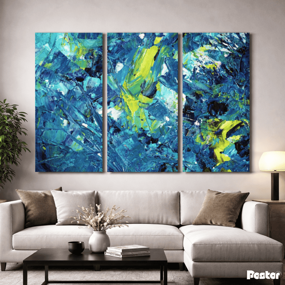 Blue and Green Paint Strokes - 3 Panel Wall Art - #3SA007 - Postor.pk