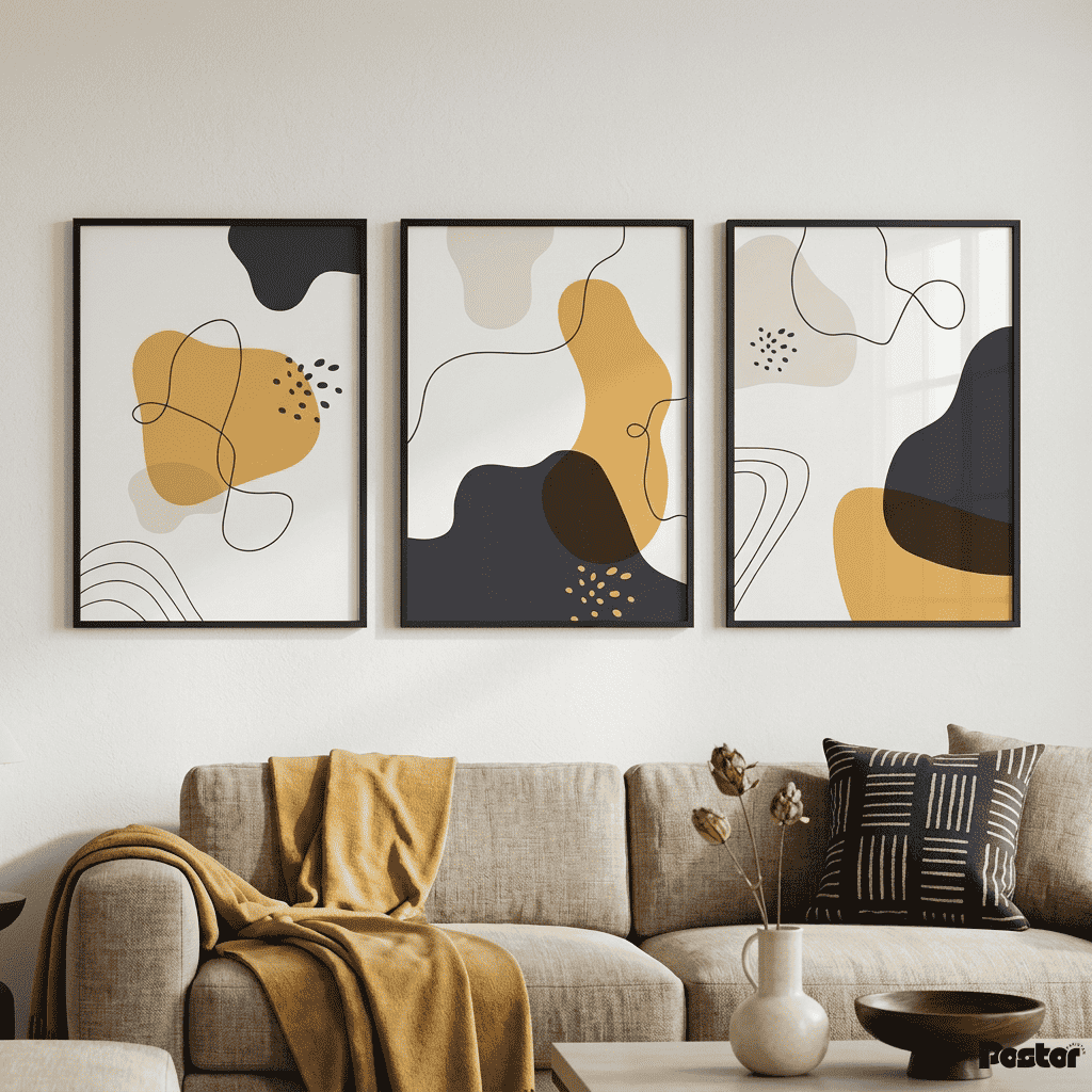 Urban Ochre: 3-Piece Minimalist Slate & Mustard Abstract Set