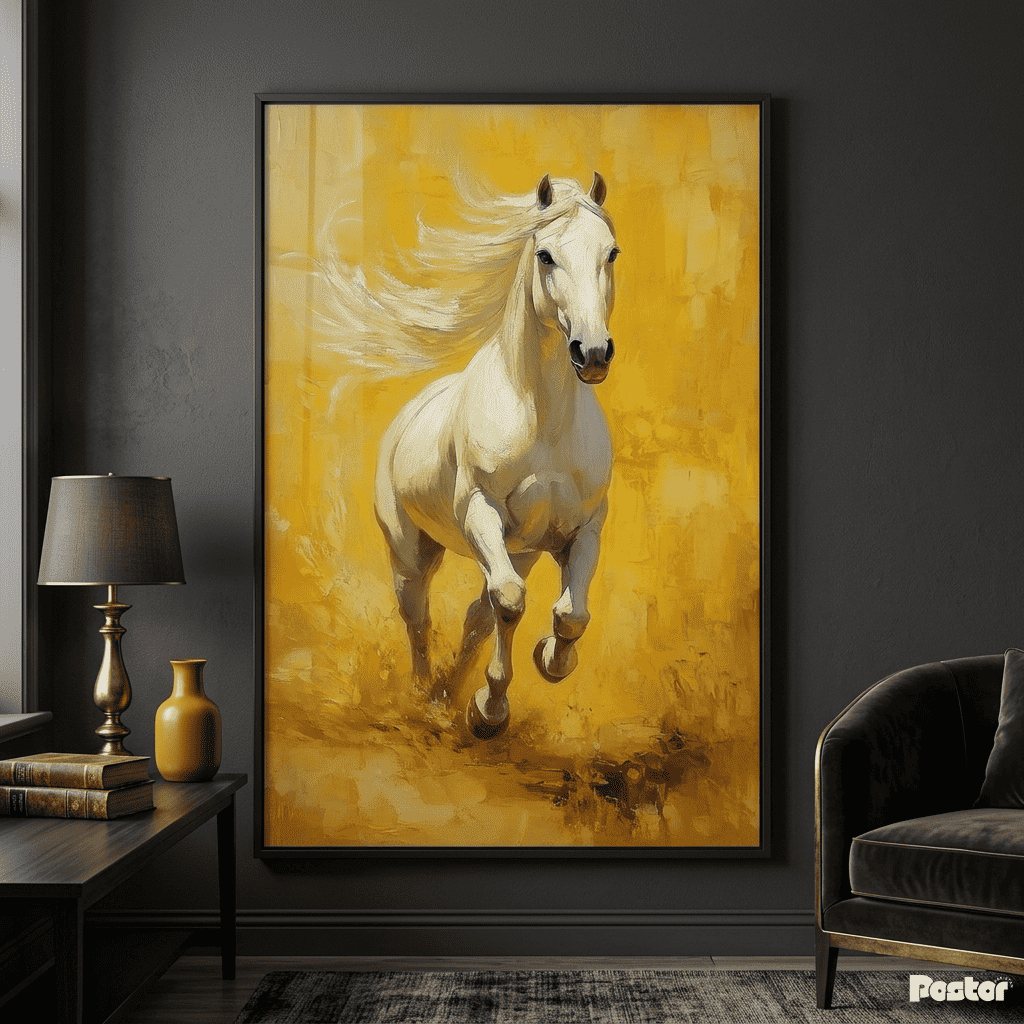 Dynamic White Horse Framed Poster