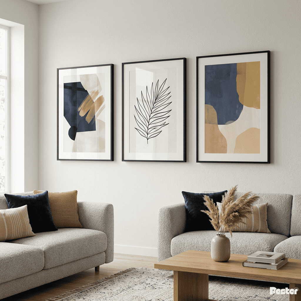 Indigo Breeze: 3-Piece Minimalist Leaf & Watercolor Abstract Set