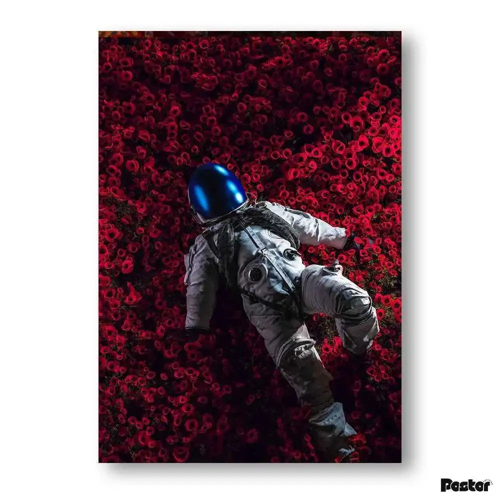 Astronaut Lying in Field of Red Poppies