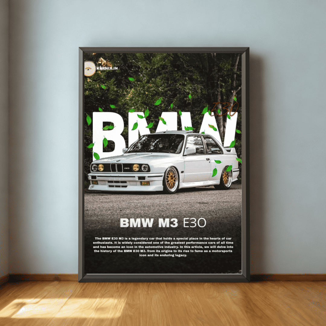 Framed poster of a BMW M3 E30 on a wall with a car in the background