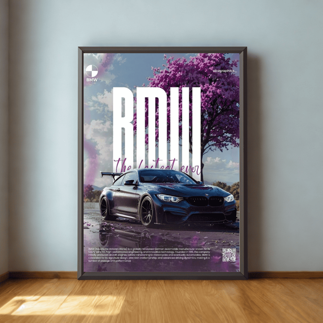Framed poster of a car with 'BMM' branding on a wall.