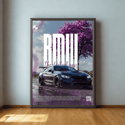 Framed poster of a car with 'BMM' branding on a wall.