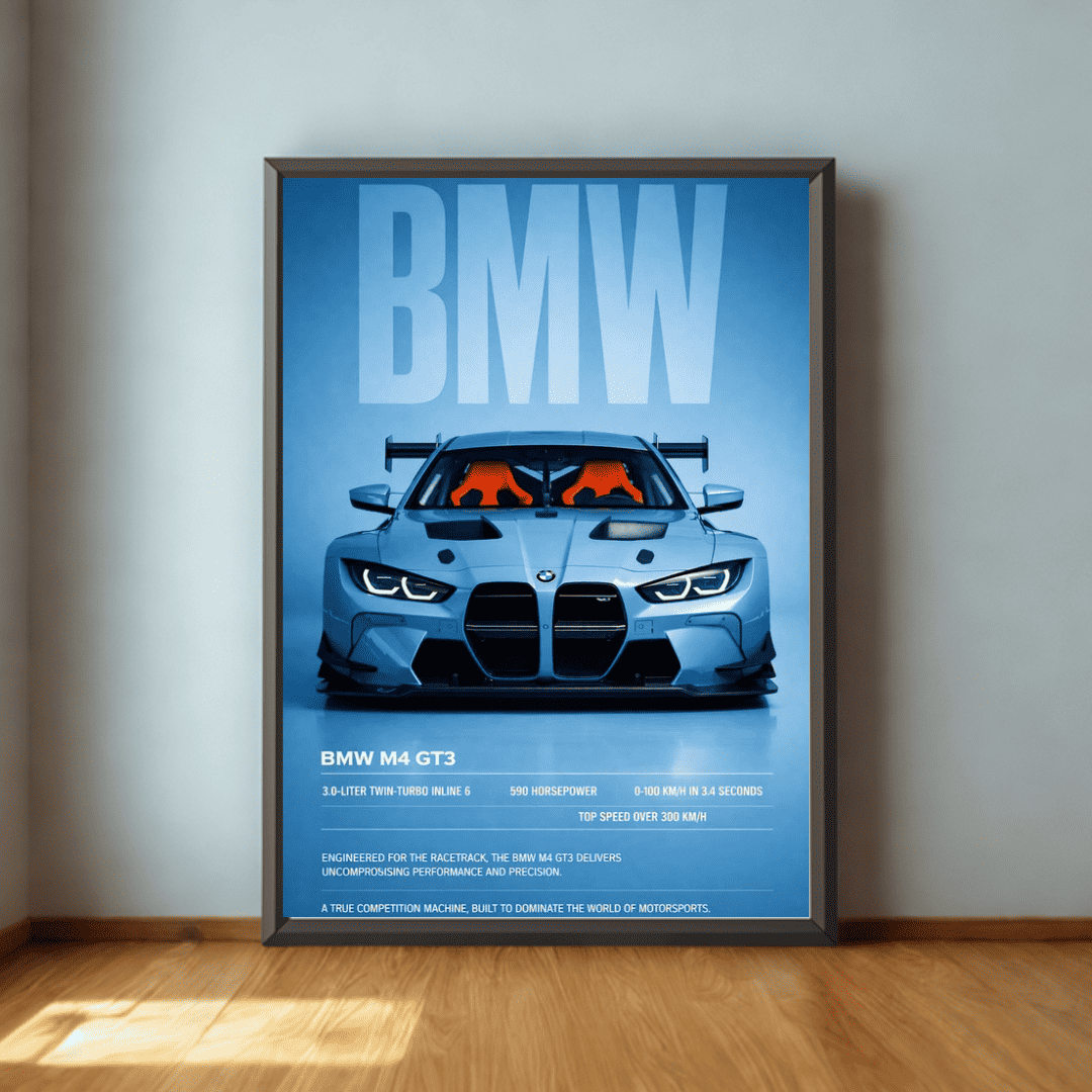 Framed poster of a BMW M4 GT3 car on a wall.