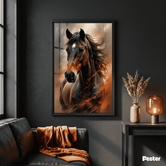 Bay Horse Portrait Emerging from Fiery Abstract Swirls - Postor.pk