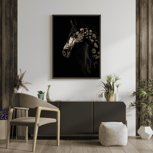 Gold Leaf Black Horse Framed Art Poster - #P050