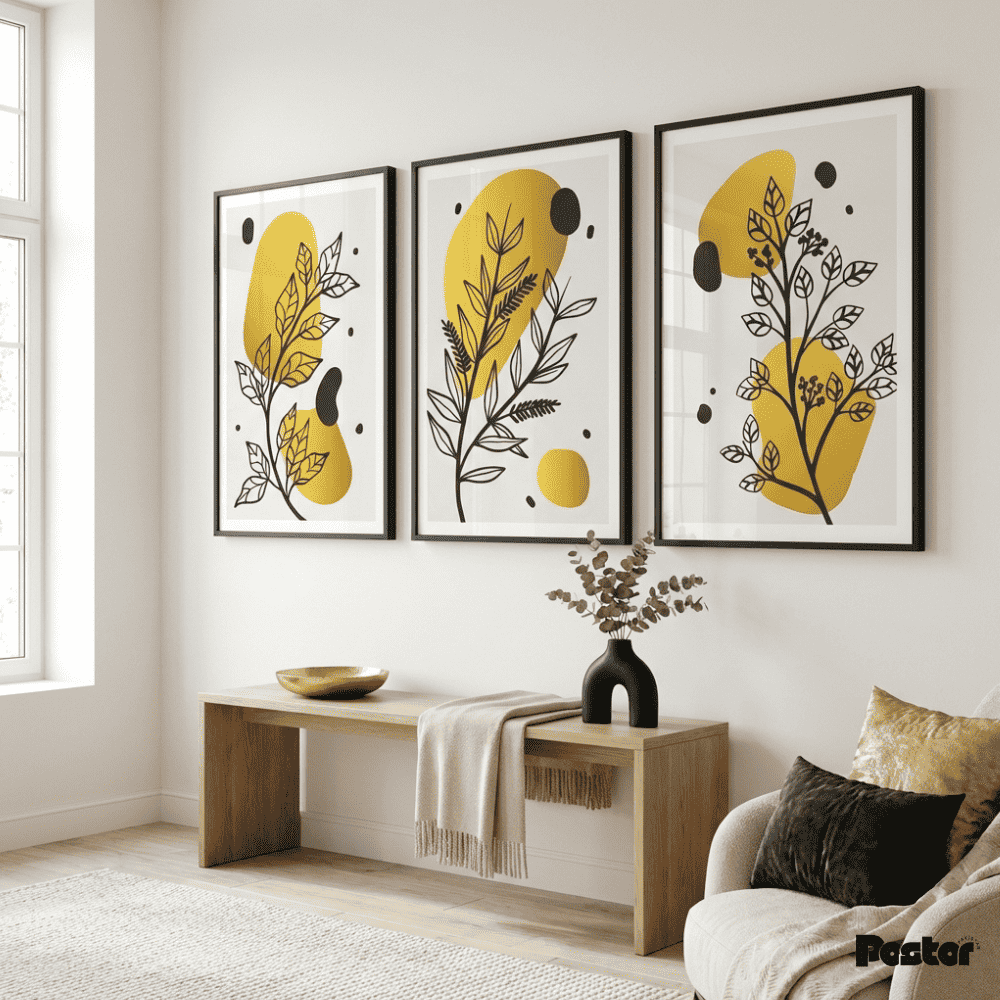 Black Line Botanical & Gold Abstract Shape Wall Art Set - Postor.pk