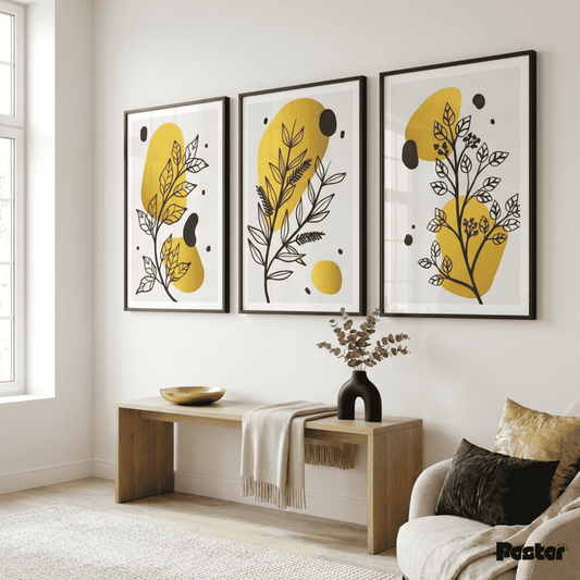 Black Line Botanical & Gold Abstract Shape Wall Art Set - Postor.pk