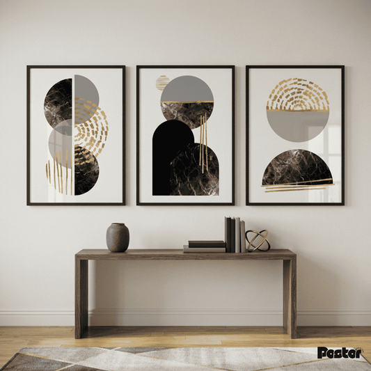 Black Marble, Grey & Gold Geometric Wall Art Set - Postor.pk