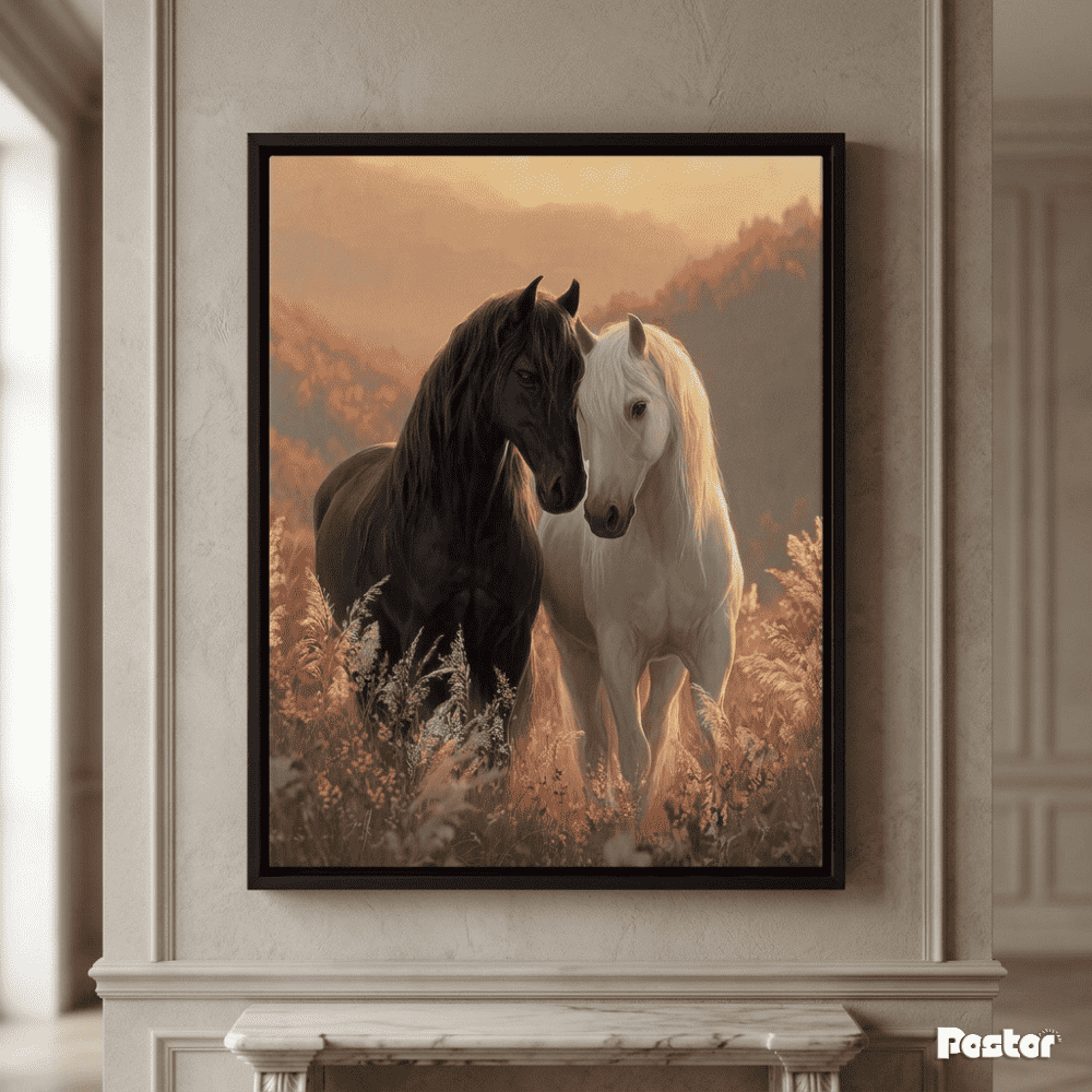 Black & White Horses by the Misty Waterfall - Postor.pk