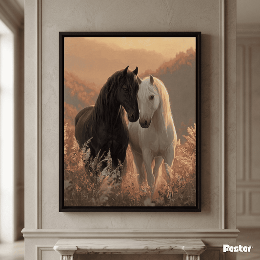 Black & White Horses by the Misty Waterfall - Postor.pk