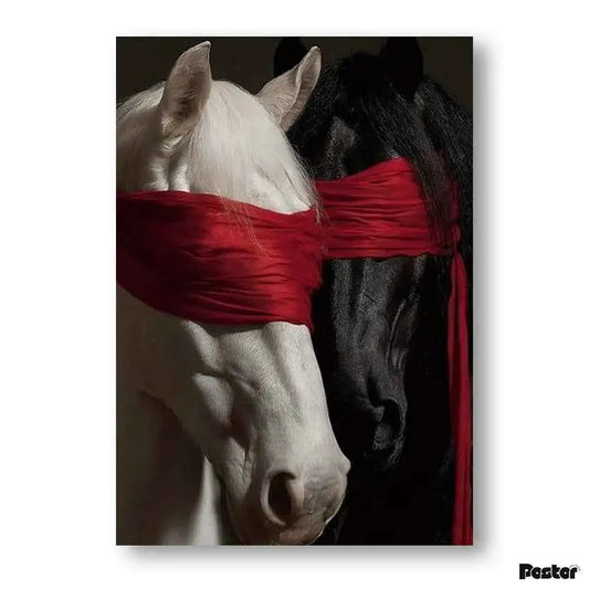 Black & White Stallions with Red Silk Blindfolds