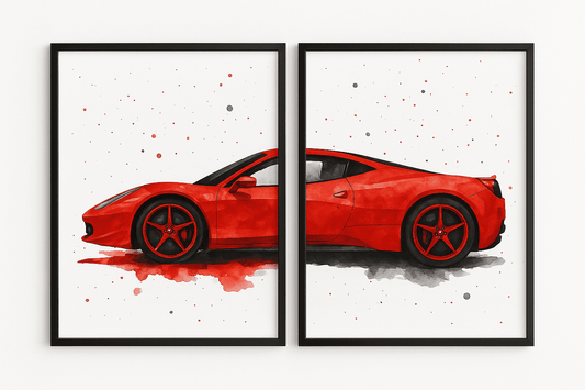 Ferrari Red Sports Car Watercolor Art 2-Piece Framed Poster Set - #P049 - Postor.pk