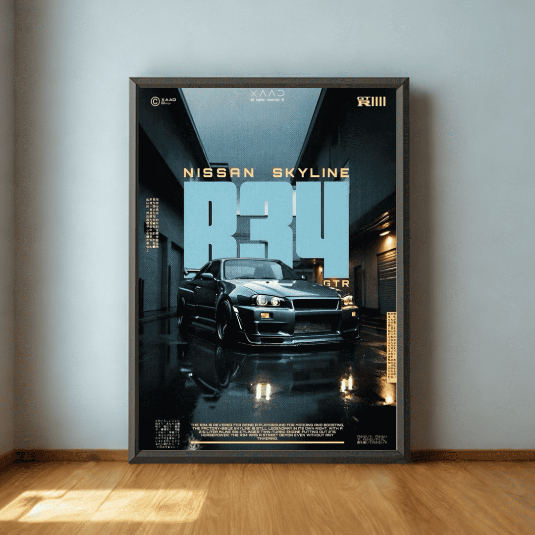 Framed poster of a Nissan Skyline car on a wall.