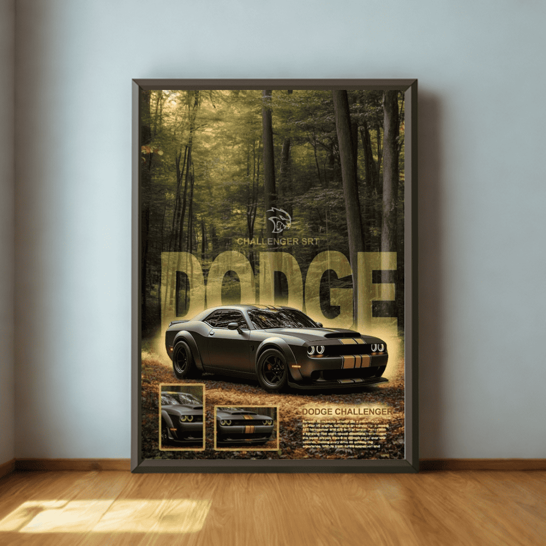 Framed Dodge Challenger poster in a forest setting on a wall.