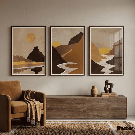 Earthy Boho Mountain & River Landscape Wall Art Set - Postor.pk