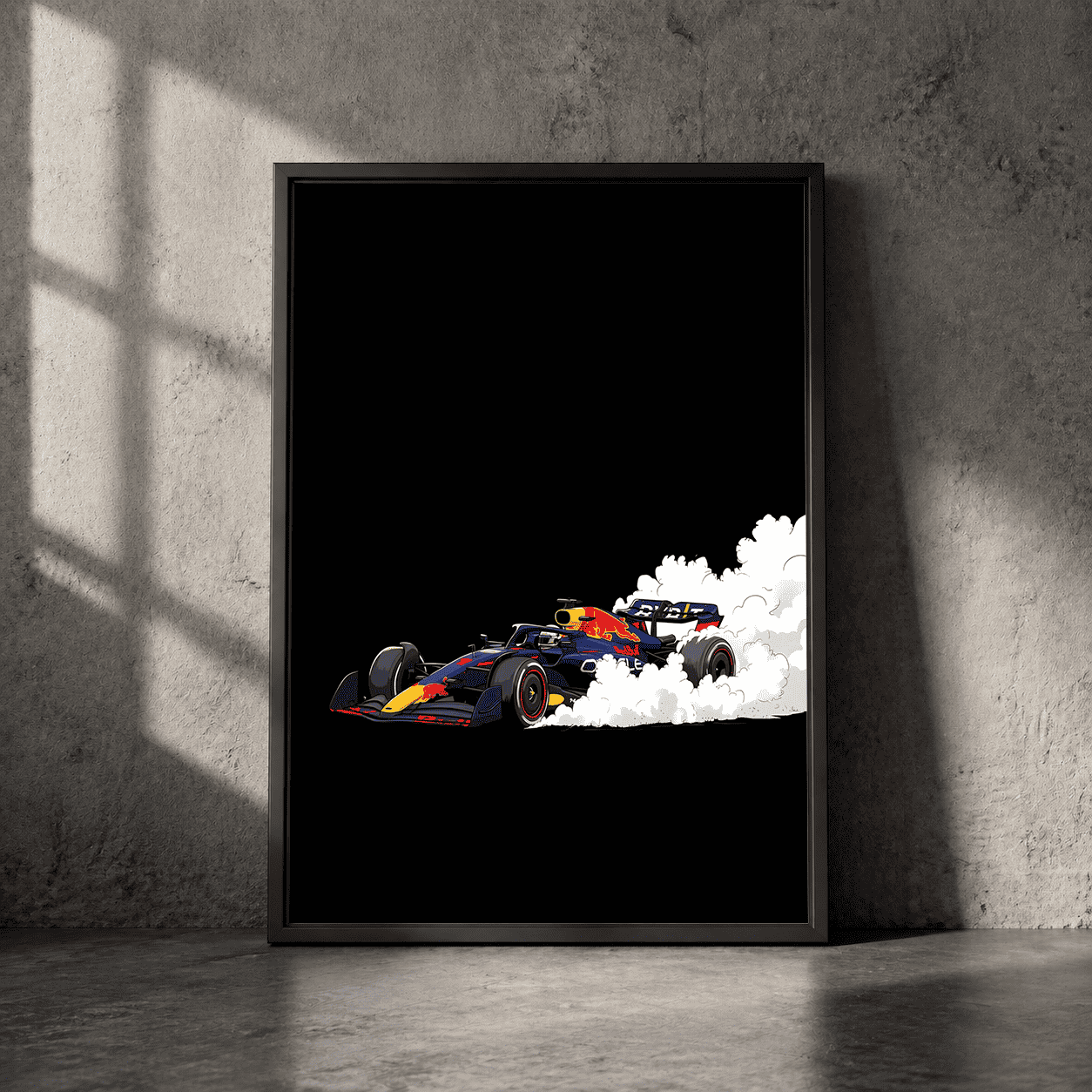 Red Bull F1 Racing Car Burning Out on Black Background - Postor.pk