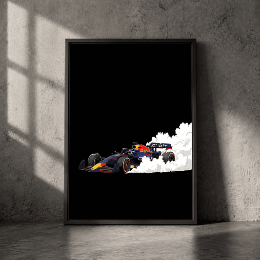 Red Bull F1 Racing Car Burning Out on Black Background - Postor.pk