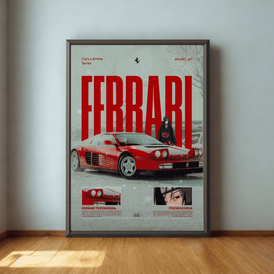 Framed Ferrari poster on a wall