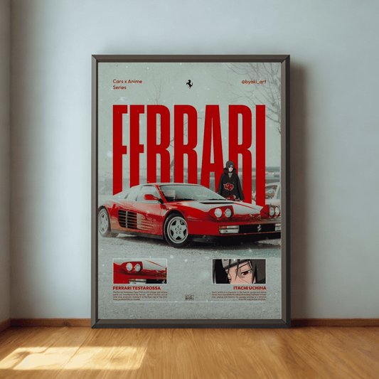 Framed Ferrari poster on a wall
