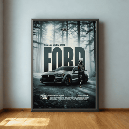 Framed poster of a Ford Mustang Shelby GT350 in a forest setting on a wall.