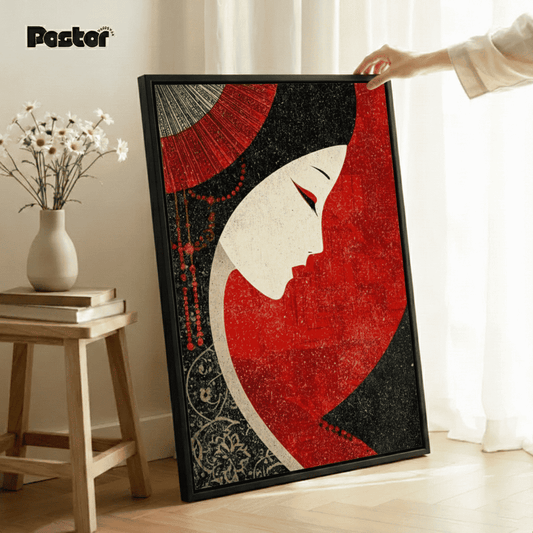 Japanese Style Geisha Profile Art Print Textured Canvas- Framed Poster #P115 - Postor.pk